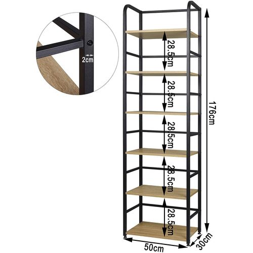 Étagère De Rangement à 6 Niveaux En Métal+Bois. Bibliothèque Rétro. 50x30x176cm. Chêne Clair