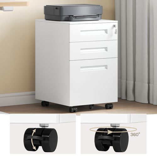 Caisson De Bureau En Acier Et Nylon Avec Serrures Et Roulettes 39x45x60cm Blanc