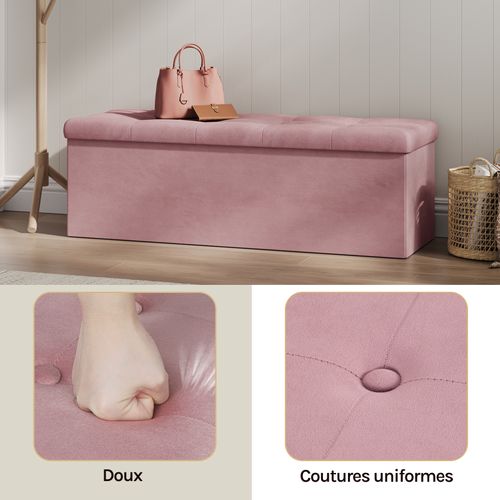 Banc De Rangement Pliable Pouf.coffre De Rangement Rembourré En Velours.110x37.5x38cm.rose