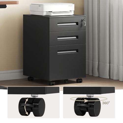 Caisson De Bureau En Acier Et Nylon.Caisson De Rangement Avec Serrures Et Roulettes.39x45x60cm.Noir