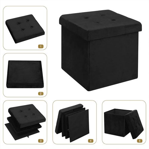 Tabouret Pouf De Rangement En Velours-coffre Repose-pied Pliable 37-5x37-5x38cm-noir