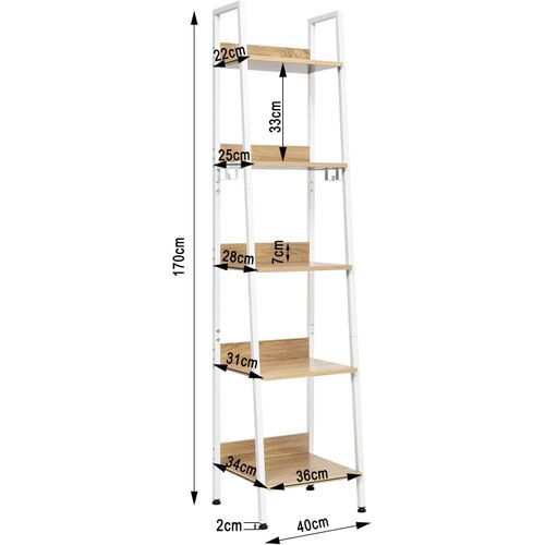 Étagère De Rangement à 5 Niveaux Avec 4 Crochets Amovibles.cadre En Métal.40x170x36cm.blanc