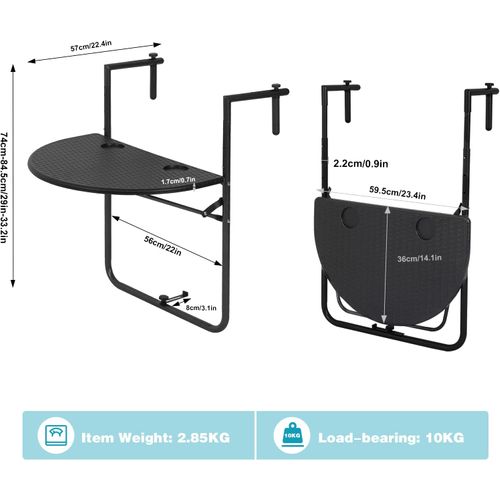 Table De Balcon Suspendue.table Murale Rabattable Avec 3 Hauteurs Réglables En Aspect Rotin.noir