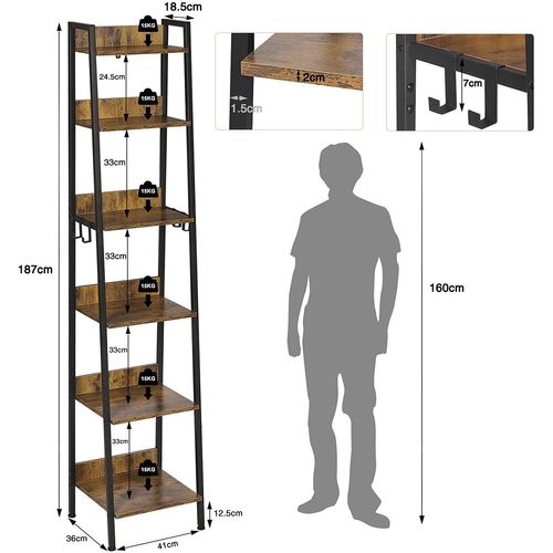 Étagère De Rangement.Bibliothèque à 6 Niveaux Avec 4 Crochets.41x36x187cm.Chêne Foncé+Noir