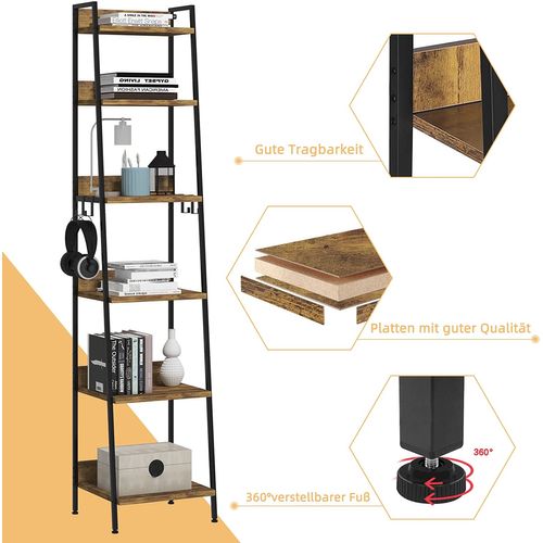 Étagère De Rangement.Bibliothèque à 6 Niveaux Avec 4 Crochets.41x36x187cm.Chêne Foncé+Noir