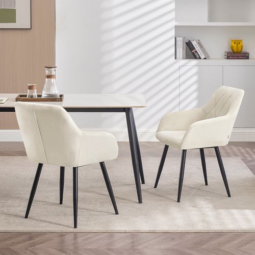 6x Chaise Salle à Manger-Chaise De Cuisine En Velours-Assis Rembourré Et Pieds En Métal-Blanc