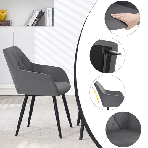 6x Chaise Salle à Manger-Chaise De Cuisine En Velours-Assis Rembourré Et Pieds En Métal-Gris Foncé