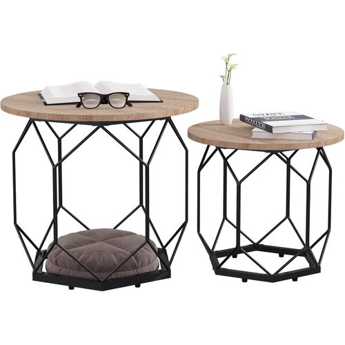 Lot De 2 Tables Basses Gigognes.table De Salon.cadre En Métal.style Industriel.chêne Clair+noir.