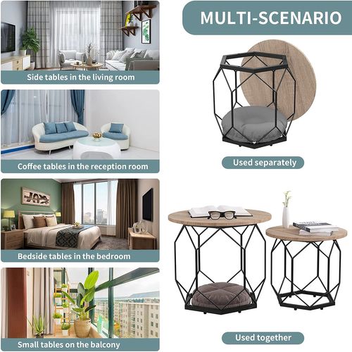 Lot De 2 Tables Basses Gigognes.table De Salon.cadre En Métal.style Industriel.chêne Clair+noir.