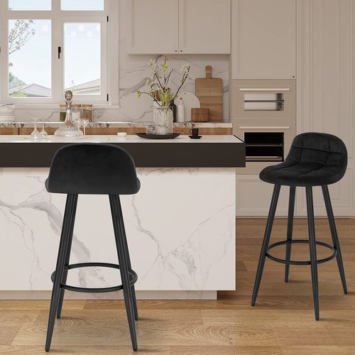 Tabouret De Bar Moderne.Chaise De Cuisine Haute En Velours Et Métal.Hauteur D'assise 70 Cm.Noir
