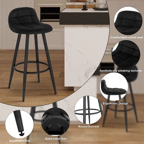 Tabouret De Bar Moderne.Chaise De Cuisine Haute En Velours Et Métal.Hauteur D'assise 70 Cm.Noir