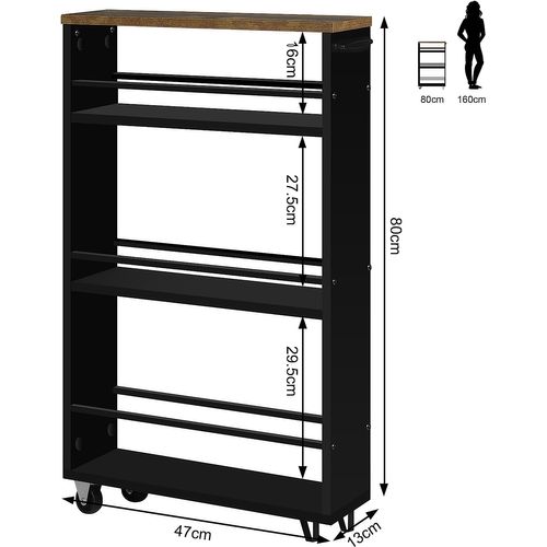 Desserte à Roulettes à 3 Niveaux.Chariot De Rangement Avec Poignée Et Freins.Marron Rustique+Noir