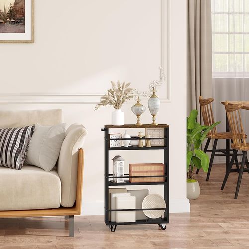 Desserte à Roulettes à 3 Niveaux.Chariot De Rangement Avec Poignée Et Freins.Marron Rustique+Noir