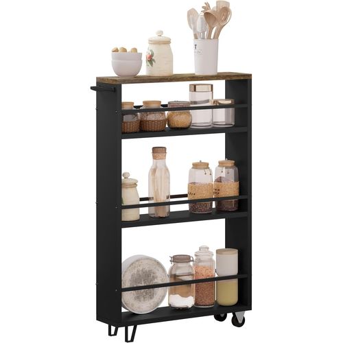 Desserte à Roulettes à 3 Niveaux.Chariot De Rangement Avec Poignée Et Freins.Marron Rustique+Noir