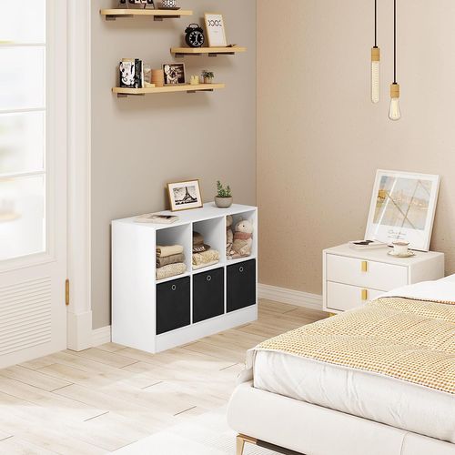 Bibliothèque Meuble De Rangement Avec 6 Casiers 3 Tiroirs En Tissu 80x30x60cm Blanc