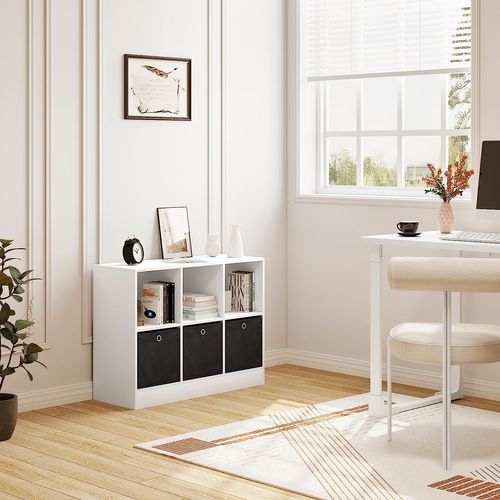 Bibliothèque Meuble De Rangement Avec 6 Casiers 3 Tiroirs En Tissu 80x30x60cm Blanc