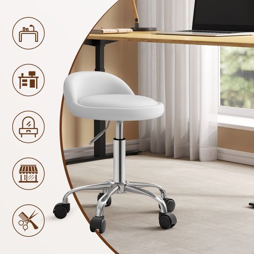 Tabouret De Bureau A Roulettes En Similicuir Blanc