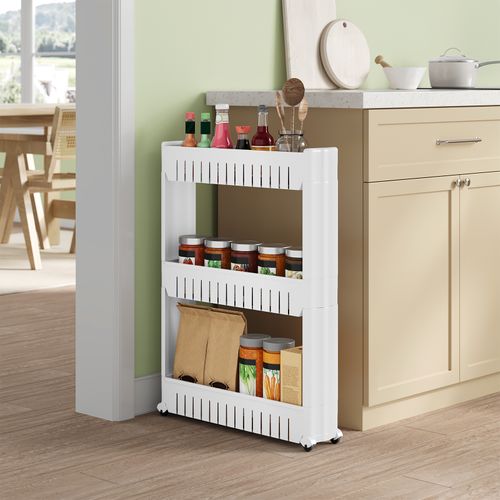 Étagère De Niche Avec 3 Compartiments à Roulettes, Meuble Étagère Chariot De Cuisine, Blanc