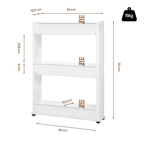 Étagère De Niche Avec 3 Compartiments à Roulettes, Meuble Étagère Chariot De Cuisine, Blanc