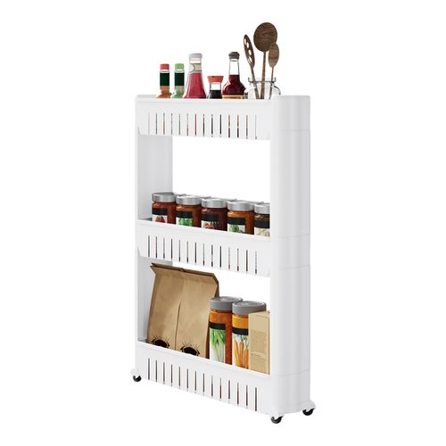 Étagère De Niche Avec 3 Compartiments à Roulettes, Meuble Étagère Chariot De Cuisine, Blanc