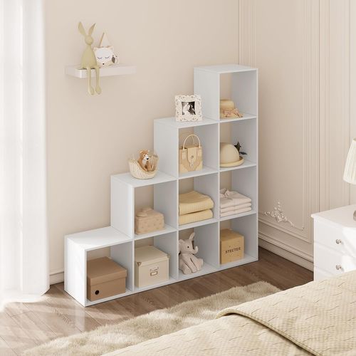 Bibliothèque à 10 Compartiments, Meuble De Rangement, En Bois D’ingénierie, Blanc, 136x29x136cm