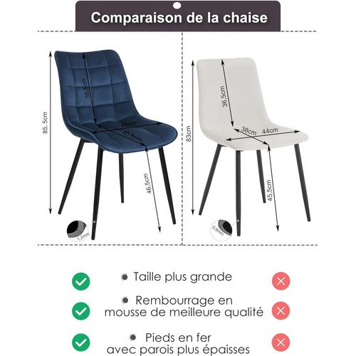 2x Chaises De Salle à Manger Chaise De Cuisine Siège En Velours Pieds En Métal Bleu