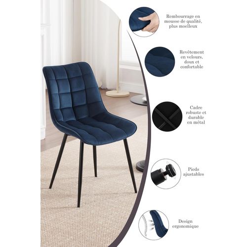 2x Chaises De Salle à Manger Chaise De Cuisine Siège En Velours Pieds En Métal Bleu