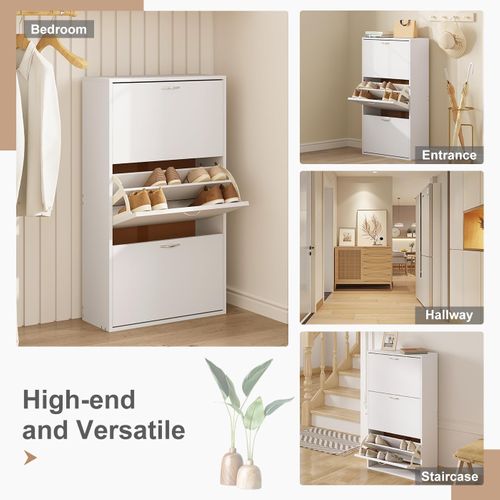 Meuble à Chaussures Étroite,Rangement De Chaussures Haute Avec 3 Tiroirs Rabattables,En Bois, Blanc