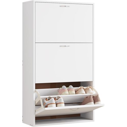 Meuble à Chaussures Étroite,Rangement De Chaussures Haute Avec 3 Tiroirs Rabattables,En Bois, Blanc