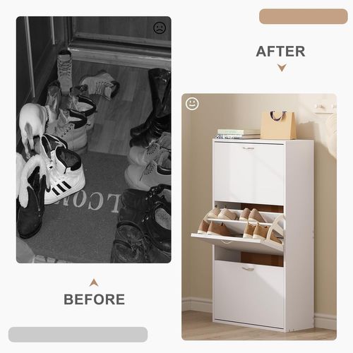Meuble à Chaussures Étroite,Rangement De Chaussures Haute Avec 3 Tiroirs Rabattables,En Bois, Blanc