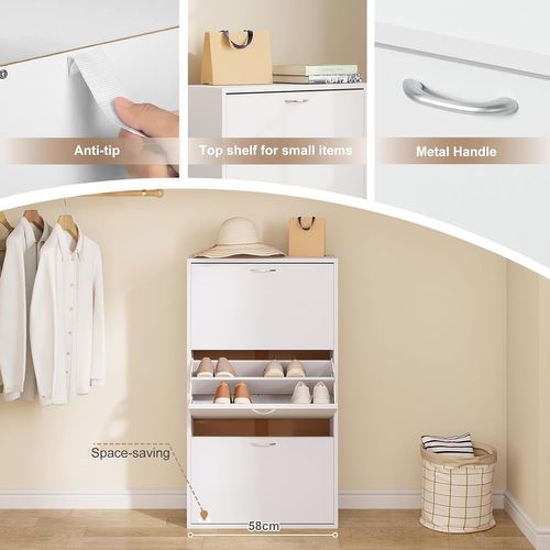 Meuble à Chaussures Étroite,Rangement De Chaussures Haute Avec 3 Tiroirs Rabattables,En Bois, Blanc