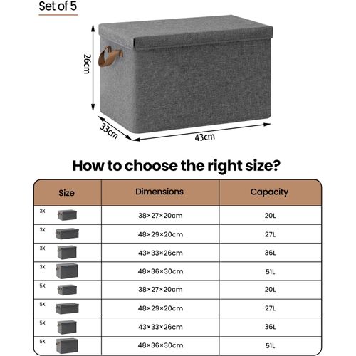 Lot De 5 Boîte De Rangement En Tissu Non Tissé,coffre De Rangement Avec Couvercle,43x33x26cm,gris