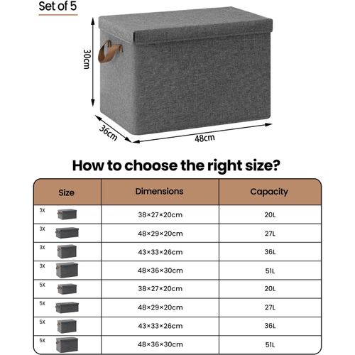 Lot De 5 Boîte De Rangement En Tissu Non Tissé,coffre De Rangement Avec Couvercle,48x36x30cm,gris