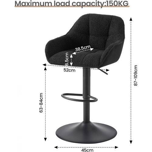 Lot De 2 Tabouret De Bar Rembourré, Hauteur Réglable, Pivotant, Chenille+velours Côtelé, Noir