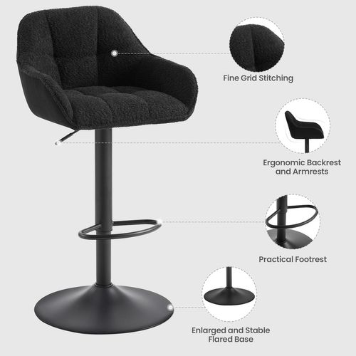 Lot De 2 Tabouret De Bar Rembourré, Hauteur Réglable, Pivotant, Chenille+velours Côtelé, Noir