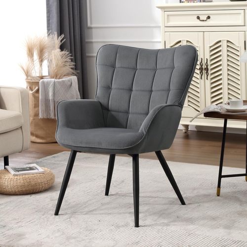Fauteuil à Oreilles Rembourré En Velours Côtelé,Fauteuil Relax Moderne,Pieds En Métal,Gris Foncé