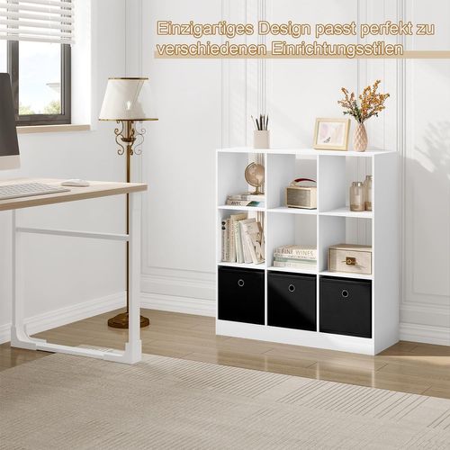 Bibliothèque, Étagère Rangement, Meuble De Rangement Cube, Avec 9 Casiers, 3 Tiroirs En Tissu, Blanc