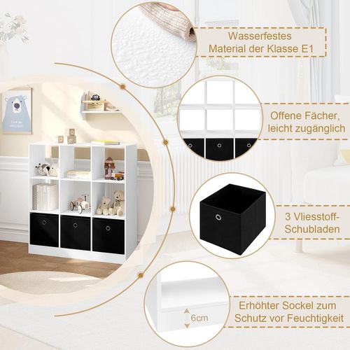 Bibliothèque, Étagère Rangement, Meuble De Rangement Cube, Avec 9 Casiers, 3 Tiroirs En Tissu, Blanc