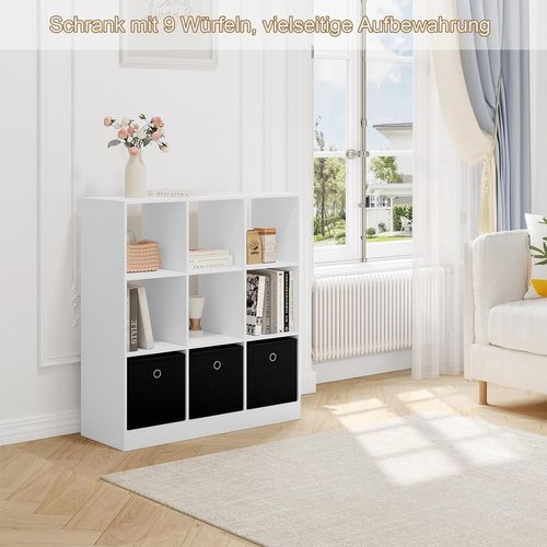 Bibliothèque, Étagère Rangement, Meuble De Rangement Cube, Avec 9 Casiers, 3 Tiroirs En Tissu, Blanc