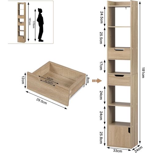 Bibliothèque,étagère De Rangement Sur Pied Avec 6 Compartiments+tiroirs,en Bois Composé,chêne Clair