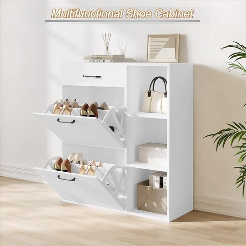 Meuble à Chaussures En Bois Composé Avec Tiroir,armoire à Chaussures à 3 Niveaux,80x90x30cm,blanc
