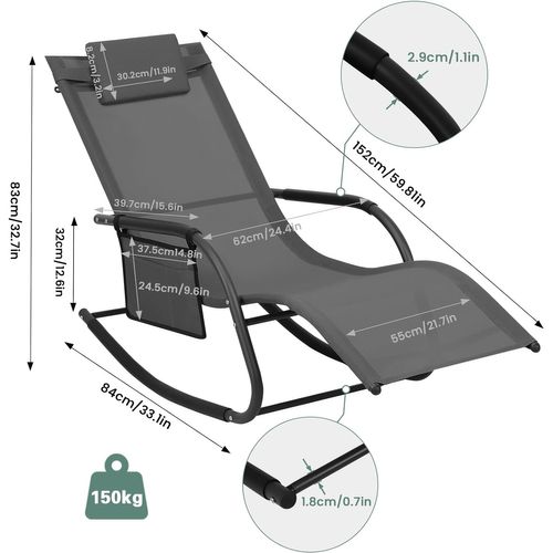 2xbain De Soleil Jardin Exterieur,chaise Longue Avec Appui-tête,accoudoirs+poche Latérale,gris