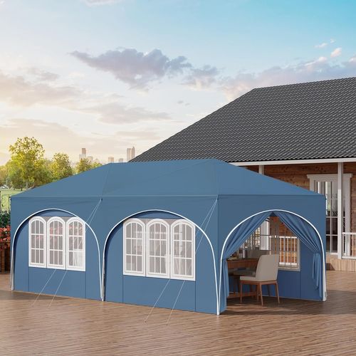 Tonnelle De Jardin Pliante Avec 6 Parois Latérales,imperméable,avec Sac De Transport,3x6m,bleu
