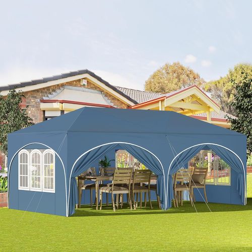 Tonnelle De Jardin Pliante Avec 6 Parois Latérales,imperméable,avec Sac De Transport,3x6m,bleu
