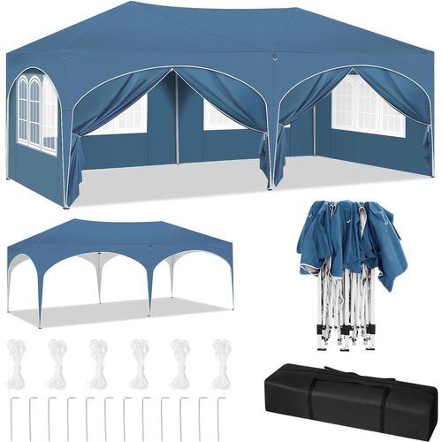 Tonnelle De Jardin Pliante Avec 6 Parois Latérales,imperméable,avec Sac De Transport,3x6m,bleu