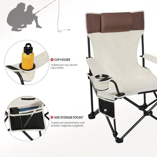 Chaise De Camping Pliable Avec Appui-tête,porte-gobelet,poche De Rangement,sac De Transport,beige
