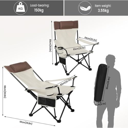 2xChaise De Camping Pliable Avec Appui-tête,Porte-gobelet,Poche De Rangement,Sac De Transport,Beige