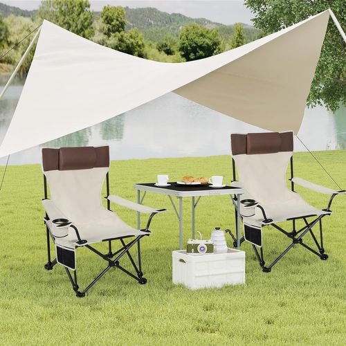 2xChaise De Camping Pliable Avec Appui-tête,Porte-gobelet,Poche De Rangement,Sac De Transport,Beige