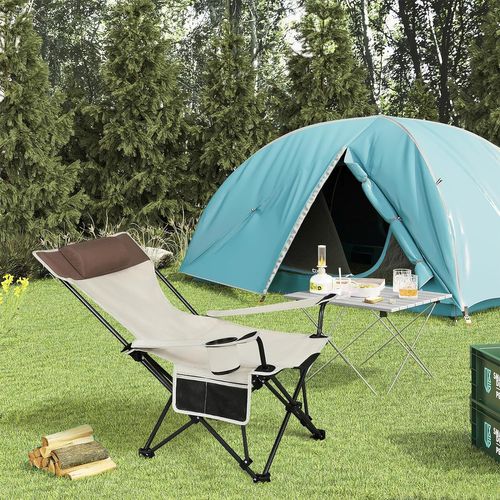2xChaise De Camping Pliable Avec Appui-tête,Porte-gobelet,Poche De Rangement,Sac De Transport,Beige