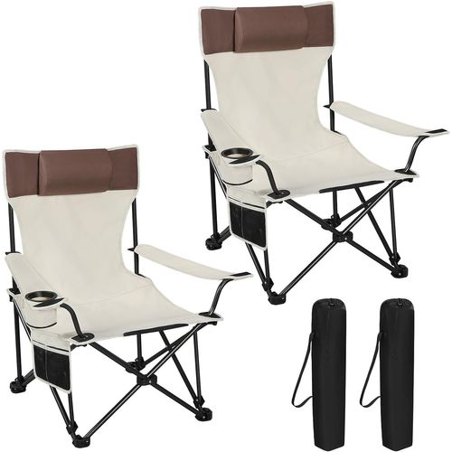 2xChaise De Camping Pliable Avec Appui-tête,Porte-gobelet,Poche De Rangement,Sac De Transport,Beige
